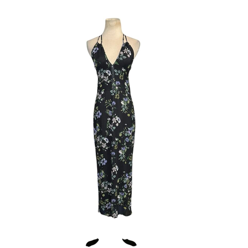 AFRM black purple floral mesh halter midi party dress size medium